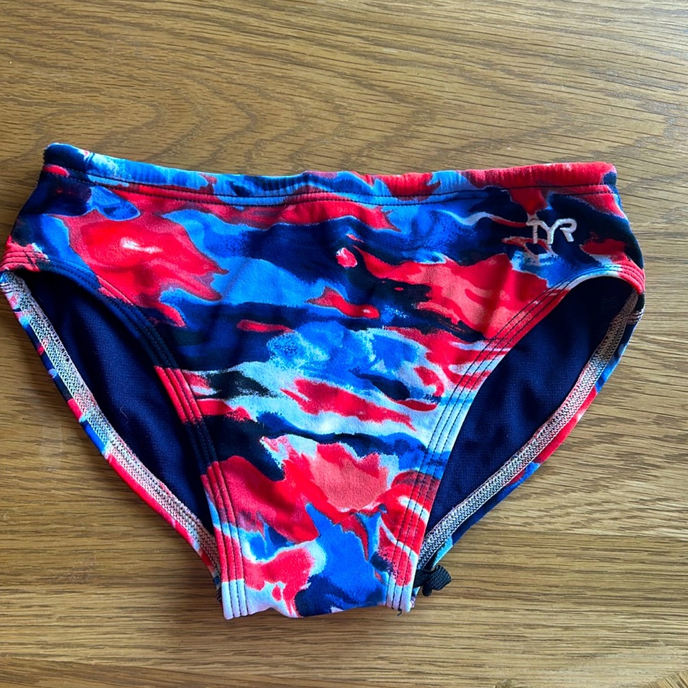EUC TYR swim briefs; size 26; red white and blue; tie dye pattern. No snags